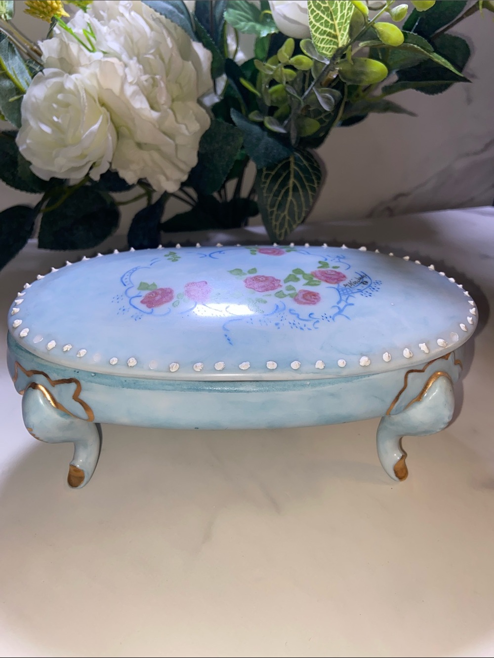 Vintage Baby Blue Floral Oval Jewelry Trinket Box with Cover